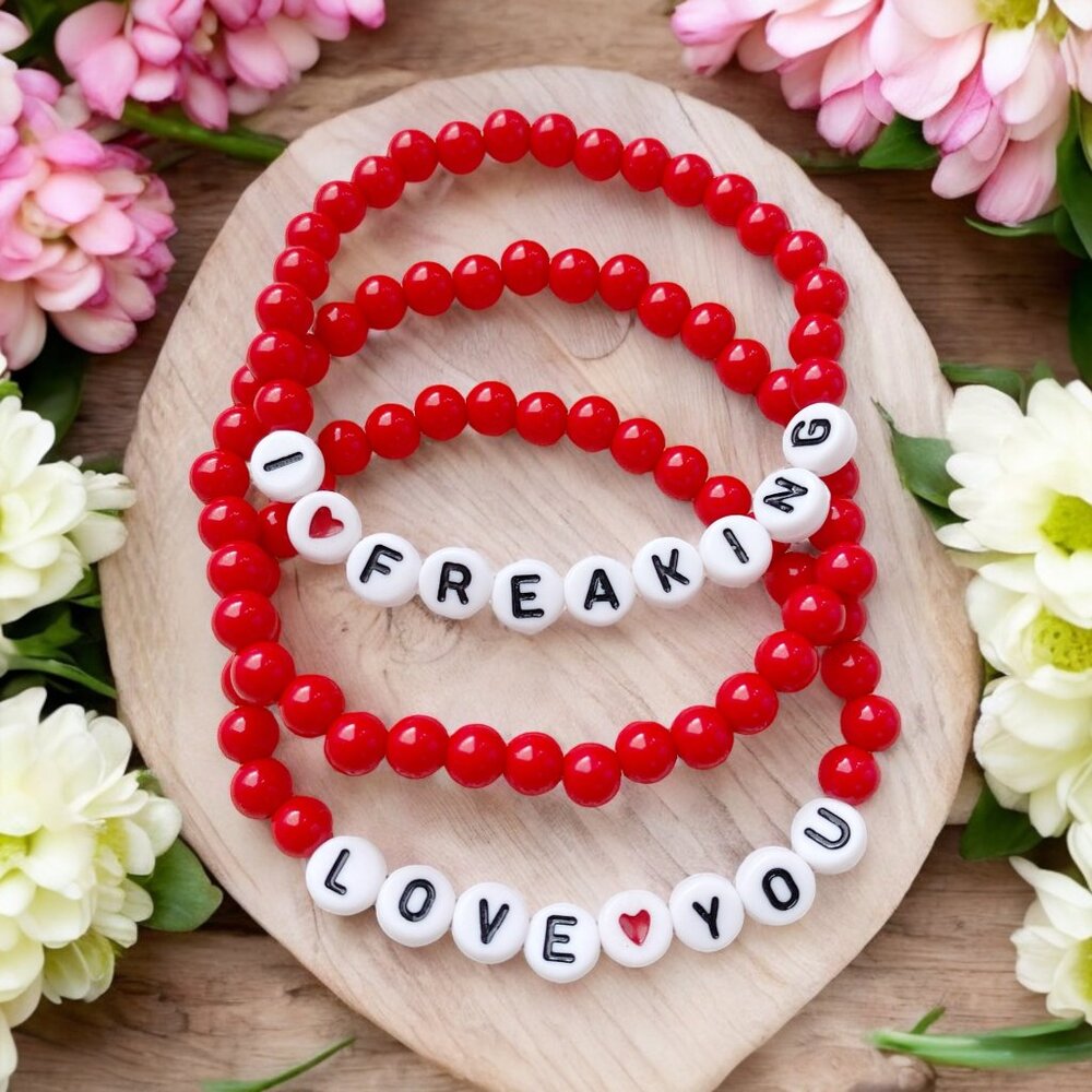 HANDMADE I FREAKING LOVE YOU Valentine's Day Red and White Beaded Bracelet Set